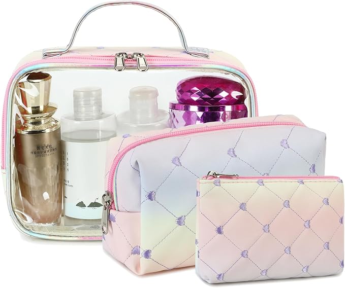 Bluboon 3Pcs Makeup Toiletry Bag for Women, Clear Packing Cubes Cosmetic Bag for Travel Women With Zipper Travel Essentials (Rainbow Heart 2)