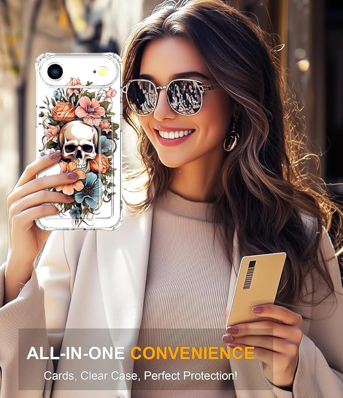 Compatible with iPhone 17 Air Case Card Holder for Women Cute Design,Wallet Phone Cases Transparent Cool Kawaii Protective (Clear Skull & Flowers)