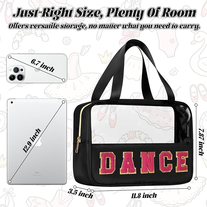 BuyCard Chenille Letter Patch Clear Travel Bags, Preppy PVC&Nylon Makeup Bag with Handle and Zipper, Waterproof Large Clear Travel Toiletry Bag Storage Bag for Women Girls