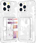 Compatible with iPhone 16 Pro Max Case Card Holder for Women Cute Design,Wallet Phone Cases Transparent Cool Kawaii Protective (Clear Flower White)