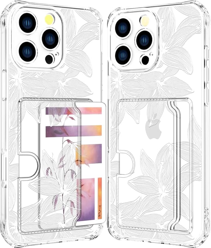 Compatible with iPhone 16 Pro Case Card Holder for Women Cute Design,Wallet Phone Cases Transparent Cool Kawaii Protective (Clear Flower White)