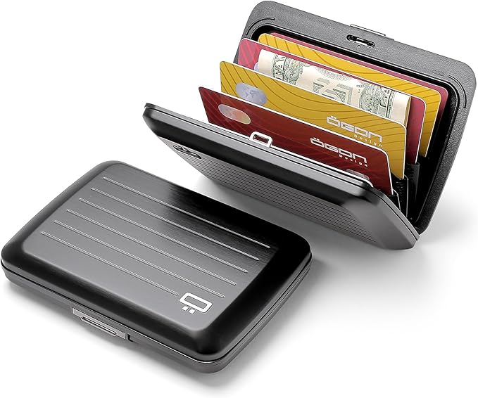 ÖGON -DESIGNS- Aluminum card holder with metal lock, RFID protection against fraud and demagnetization, compact wallet, Smart Case OSLO model