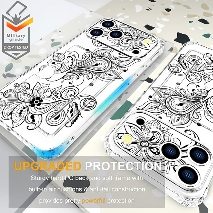 Compatible with iPhone 17 Pro Max Case Card Holder for Women Cute Design,Wallet Phone Cases Transparent Cool Kawaii Protective (Clear Black Henna Flower)