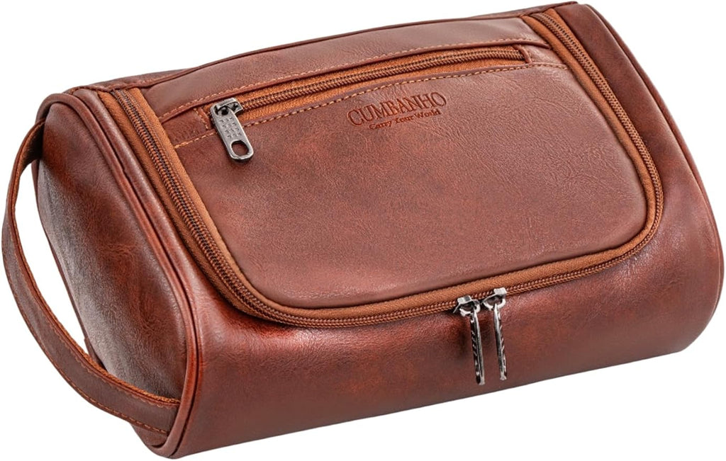Mens Toiletry Bag,Compact Dopp Kit for Men Travel, PU Leather Shaving Kit, Water-Resistant Minimalist Organizer with Wrist Strap, Travel Toiletry Bag, Gift for Men,Large 10x6.5x4 Mocha Brown