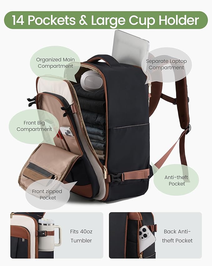 LOVEVOOK 40L Travel Backpack for Women & Men, Airline Approved Carry On Backpack, TSA Personal Item Bag fits 17.3 Inch Laptop, Waterproof Weekender Overnight Bags Suitcase for Work, Black