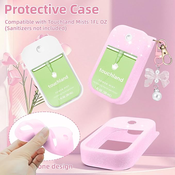 Silicone Case Compatible with Touchland Hand Sanitizer Spray Mist 1 oz with Bow Keychain