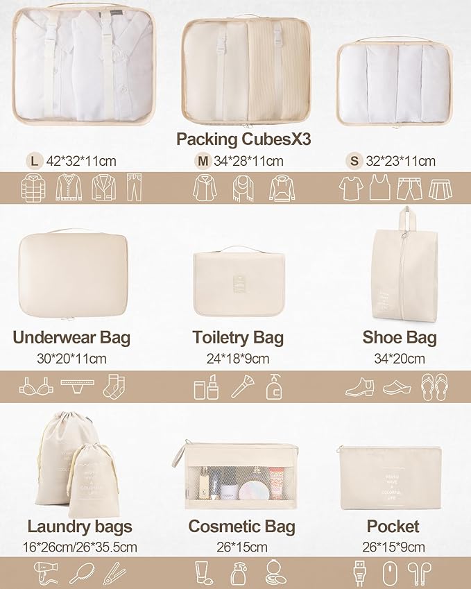 Anjing 10 Set Packing Cubes Luggage Organizers for Travel Accessories Essentials Organizer Bags Carry on Suitcases, Beige
