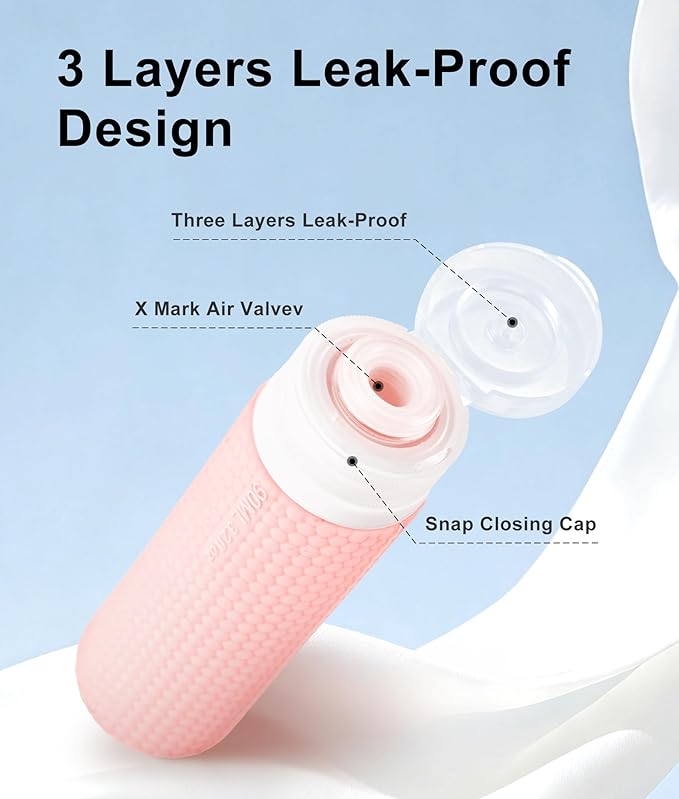Travel Bottles for Toiletries 2oz 90ml 2 Pack + Cosmetic Jar 40ml 1.35oz 2 Pack Luxury Leather Pattern, Anti-slip Silicone Premium Refillable Bottle Set with Facial Brush for Gym Men Women