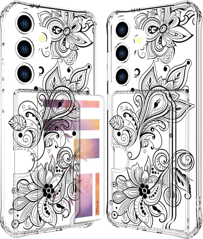 Compatible with Samsung Galaxy S24+ Plus / S25+ Plus Case Card Holder for Women Cute Design,Wallet Phone Cases Transparent Cool Kawaii Protective (Clear Black Henna Flower)
