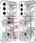 Compatible with Samsung Galaxy S24 / S25 Case Card Holder for Women Cute Design,Wallet Phone Cases Transparent Cool Kawaii Protective (Clear Black Henna Flower)