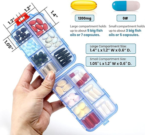 14 GRIDS Travel Pill Organizer Box with Labels - Travel Medicine Case Kit - Pocket Daily Pharmacy Container - Travel Medication Holder Dispenser for Fish Oil Vitamin Supplement Storage - Clear Blue