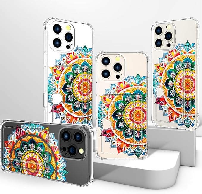 Compatible with iPhone 16 Pro Case Card Holder for Women Cute Design,Wallet Phone Cases Transparent Cool Kawaii Protective (Clear Mandala Henna Flower)