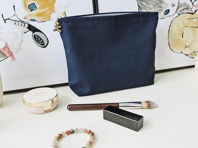 HAPPYHEIDI Canvas Pouch Cosmetic Bag, Tote Organizer, Heavy Duty Cotton Canvas, Solid Navy Blue, Zipper Clsosure, Large 10 x 8.5 Inches