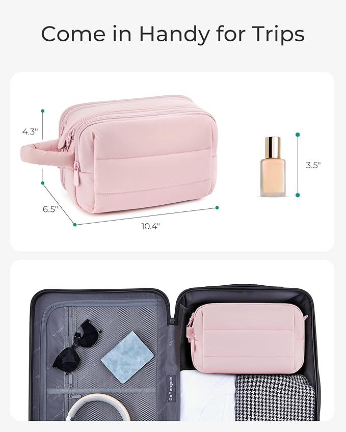 BAGSMART Travel Toiletry Bag for Women, Puffy Cosmetic Makeup Bag Organizer, Large Wide-open Travel Organizer for Toiletries, Dopp Kit Water-resistant Makeup Case for Accessories-Camel