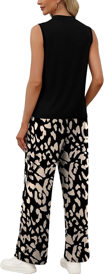 WIHOLL Two Piece Set for Women Summer Spring Outfits Cruise Travel Airport Beach Vacation Mock Neck Wide Leg Pants Set