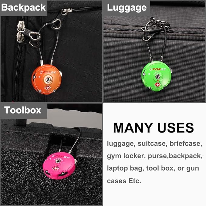 Forge Quality TSA Approved Luggage Locks for Travel Accessories, Suitcase, Pelican case, Ammo Boxes, Set Your own Combination, Zinc Alloy Body-Cable Black 2 Locks