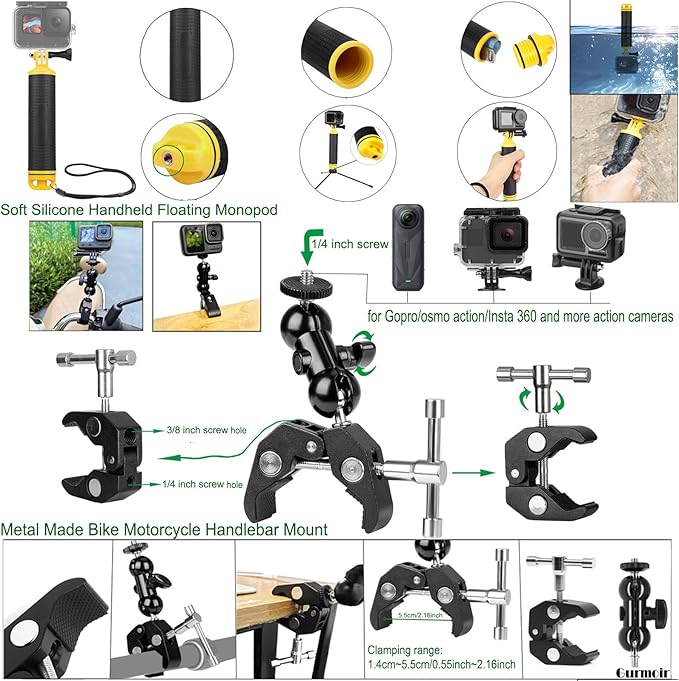 Gurmoir Accessory Kit for DJI Osmo Action 6/5 pro/4/Insta 360 X5 X4 /Go Pro Hero13 12/Gopro Max 2, Bike Mount/Hat Clip/Helmet Strap/Backpack Mount kit for Gopro/Osmo Action/Insta 360(DT18)