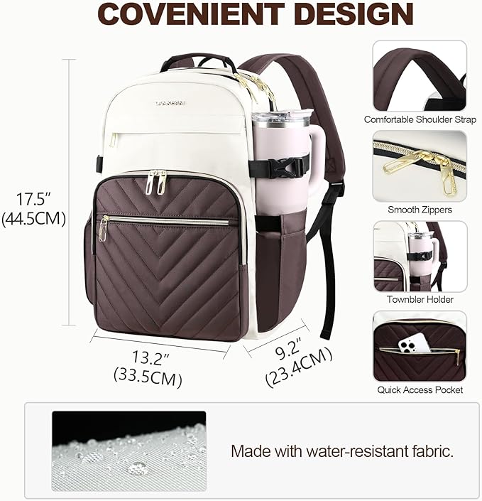 VANKEAN Laptop Backpack for Women with Giant Tumbler Holder Pocket,17.3 inch School College Book Bag Nurse Teacher Backpack,Waterproof Work Travel Backpack Purse Laptop Computer Bag, Beige-Coffee