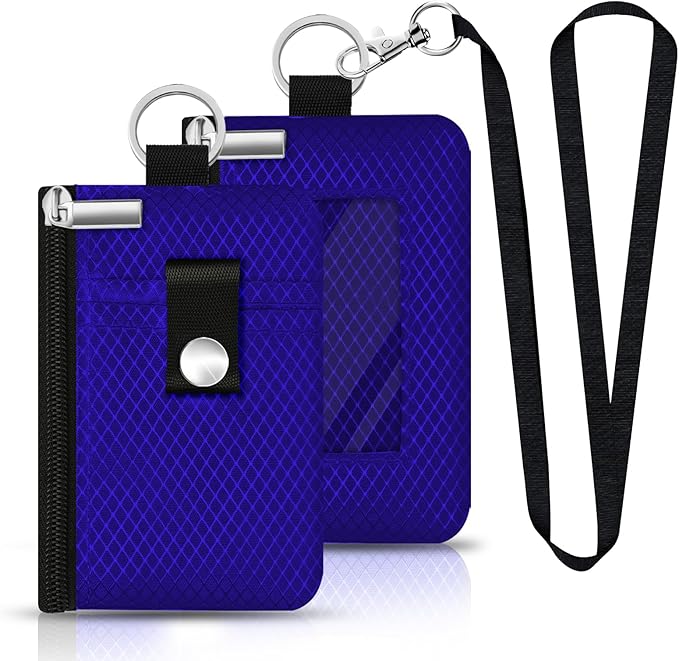 Minimalist RFID Blocking Small Wallet with ID Window,WaterResistant Zip Id Case Wallet with Lanyard Keychain for Cards,Cash,Travel,Women,Men (Sapphire Blue)