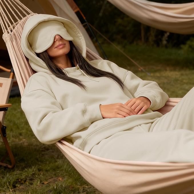 Ainangua Womens Oversized Pullover Essentials Hoodie with Eye Mask Comfor Airplane Mode Travel Office Vacation Sweatshirt