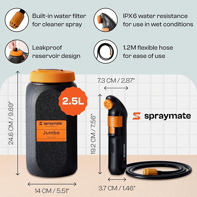 Portable Bidet for Travel & Camping – Electric High Pressure Rechargeable Bidet for Women & Men | 2.5L Bottle | 1300ML/Min Flow | USB-C | 1600mAh Battery | USA Brand – Spray Mate Jumbo (Black)