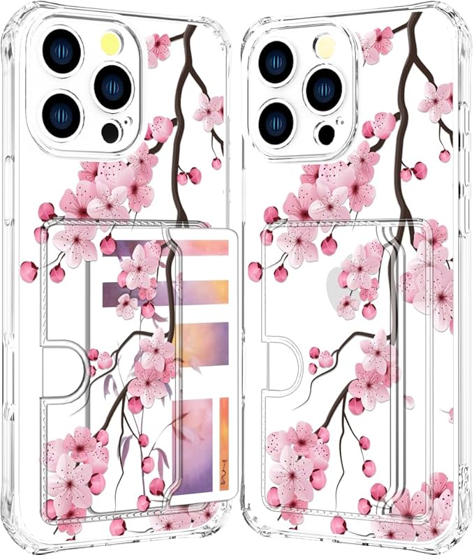 Compatible with iPhone 16 Pro Max Case Card Holder for Women Cute Design,Wallet Phone Cases Transparent Cool Kawaii Protective (Clear Sakura Peach Cherry)