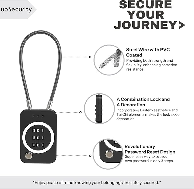 Combo Lock, Premium Cable Lock with Code, Combination Lock for Travel Security, Luggage, Suitcase, Backpack, Anti-Theft (Non-Luminous, Black)