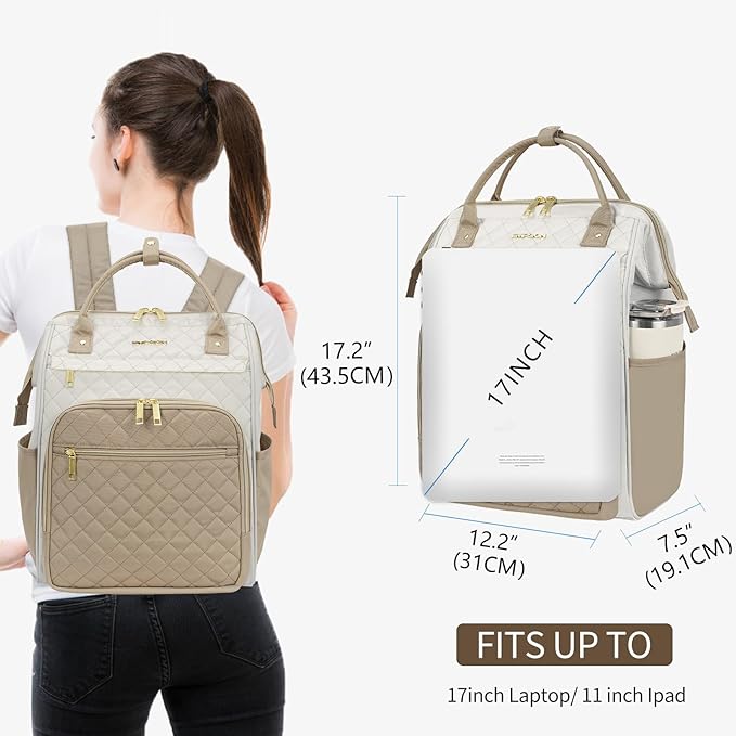 EMPSIGN 17 Inch Laptop Backpack for Women, Work Business Travel Computer College Bags, Large Capacity Water-repellent Quilted Casual Daypack, Beige-Khaki