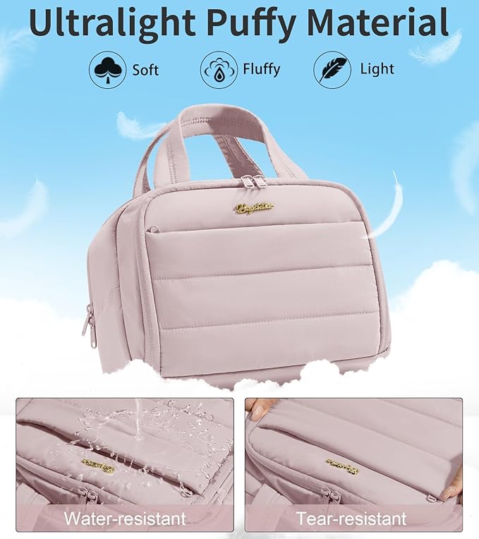 Bagstellar Travel Toiletry Bag for Women, Lightweight Large Quilted Puffy Makeup Bag Wide-open Make up Organizer Cloud Cosmetic Bag w/Handle for Traveling Toiletries Essentials Accessories Light Pink