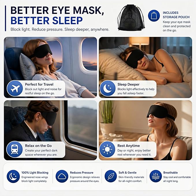 Cool-Touch Cotton Eye Sleep Mask for Men & Women, Soft & Breathable, Pressure-Free Design for Side Sleepers, Adjustable Light Blocking Mask for Sleeping, Travel & Naps (Black)