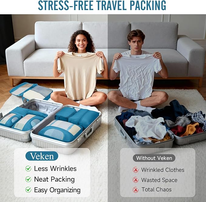 Veken 8 Set Packing Cubes for Travel Essentials, Suitcase Organizer Bags in 4 Sizes, Carry-On Luggage Accessories with Large Laundry Bag & Passport Holder, Must-Have for Airplane, Road Trip & Camping
