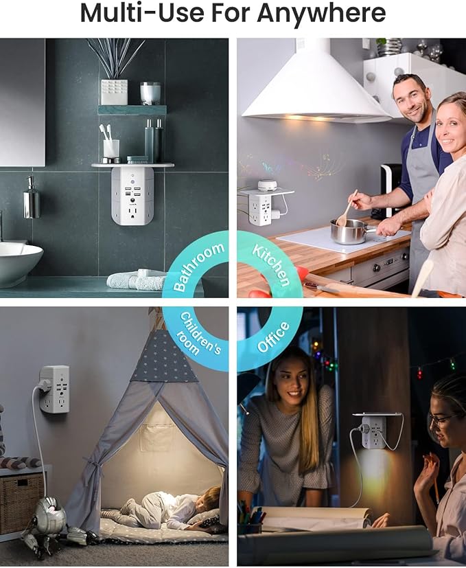 Wall Outlet Extender with Shelf and Night Light, Surge Protector, Wall Mount Charger Multi Plug Expander with 5 AC Outlets and 3 USB A Ports 1 USB C, Wide Space 3-Sided Power Strip Multi Plug Outlets