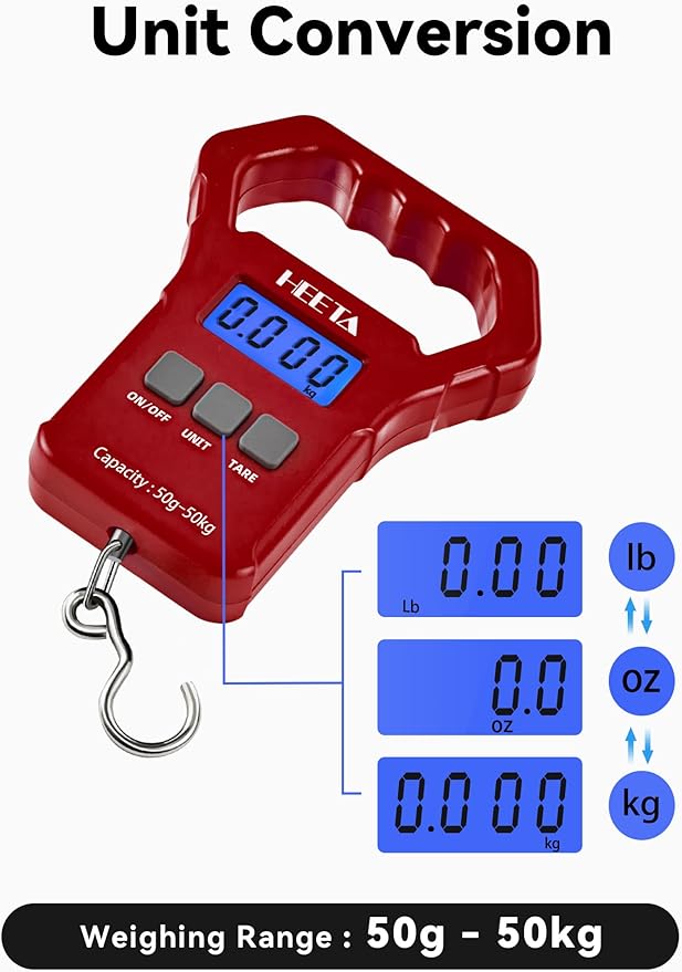 HEETA Fish Scale, 110lb/50kg Digital Portable Hanging Fishing Weight Scale with Backlit LCD Display, Luggage Scale with Hook, Non-Slip Large ABS Handle & 2 AAA Batteries, Fishing Gifts Gear for Men