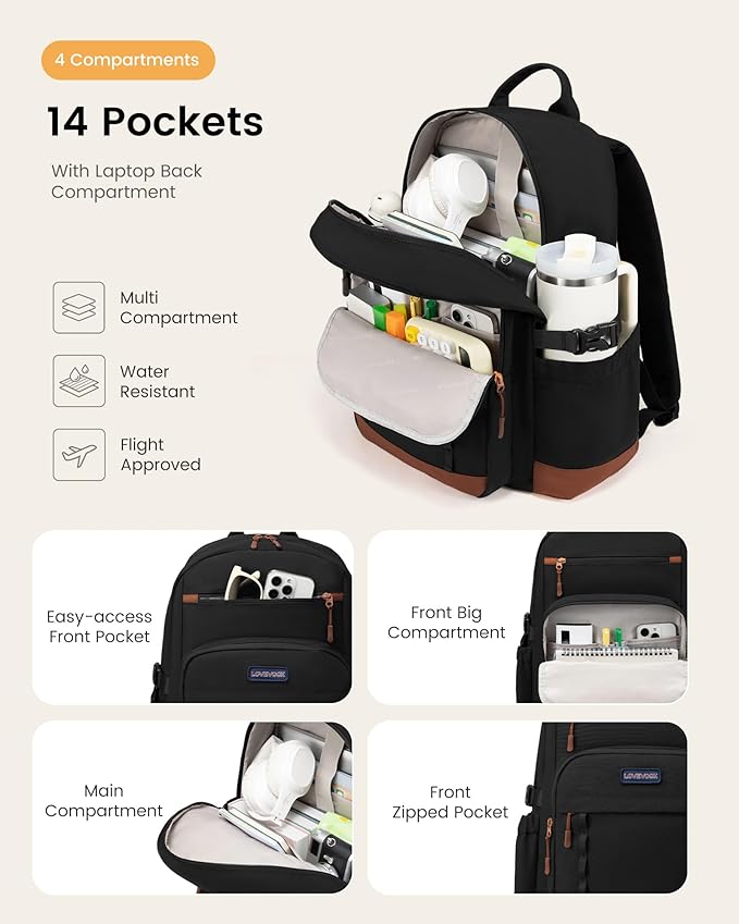 LOVEVOOK Laptop Backpack for Women with Stanley Cup Holder,17 Inch DIY Design Travel Work Backpack Computer Laptop Bag,Waterproof Nurse Teacher College Backpack Purse,Gifts for Women Men, Brown-Black