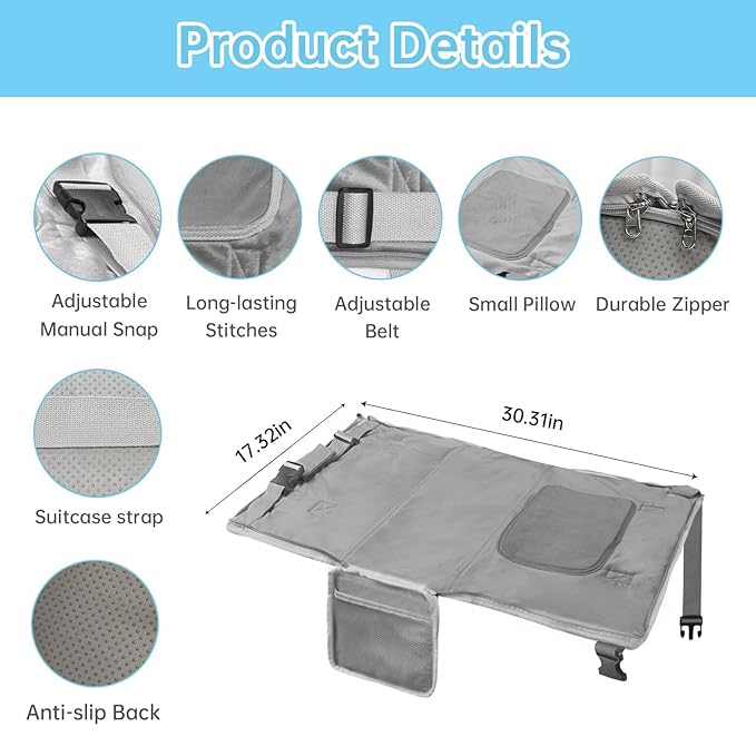 Toddler Airplane Travel Bed, Airplane Seat Extender for Kids, Plane Must Have for Toddlers, Baby Travel Essentials for Flying, Portable Travel Bag Foot Rest for Flights(Grey)
