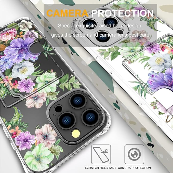 Compatible with iPhone 16 Pro Case Card Holder for Women Cute Design,Wallet Phone Cases Transparent Cool Kawaii Protective (Clear Impressive Flowers)