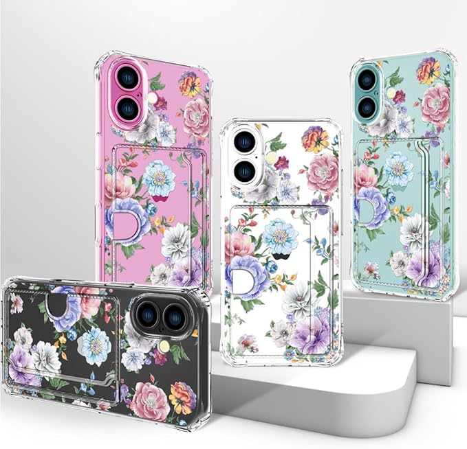 Compatible with iPhone 17 Case Card Holder for Women Cute Design,Wallet Phone Cases Transparent Cool Kawaii Protective (Clear Amazing Lovely Flowers)