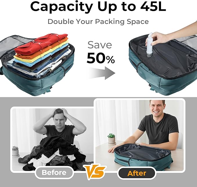 Vacuum Compression Backpack, Carry-On Size Travel Backpack with Vacuum System and Pump, Expands to 40L Packing Capacity, Fits 17” Laptop & 2–5 Days of Clothes, Water-Resistant Compression Backpack