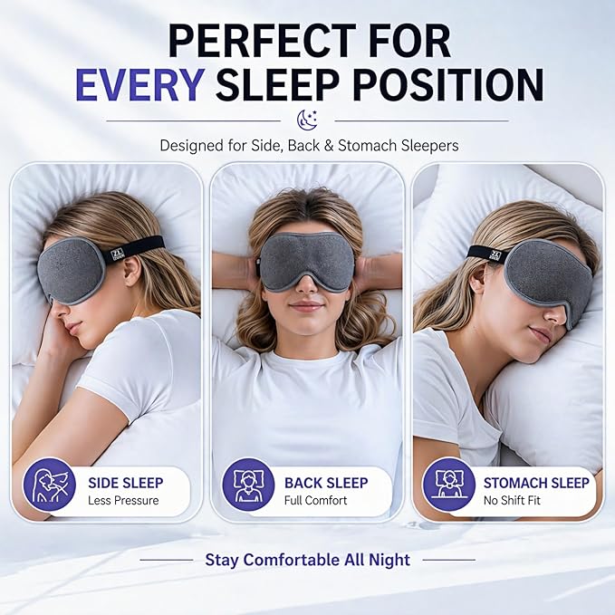 Ultra-Thin 3D Sleep Mask for Side & Back Sleepers, 100% Light Blocking Eye Mask for Sleep, Zero Pressure, Soft & Breathable Night Blindfold for Men & Women, Travel & Plane (Gray)