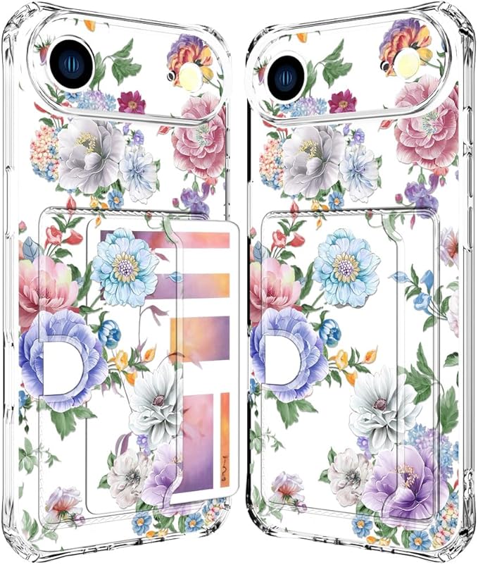 Compatible with iPhone 17 Air Case Card Holder for Women Cute Design,Wallet Phone Cases Transparent Cool Kawaii Protective (Clear Amazing Lovely Flowers)