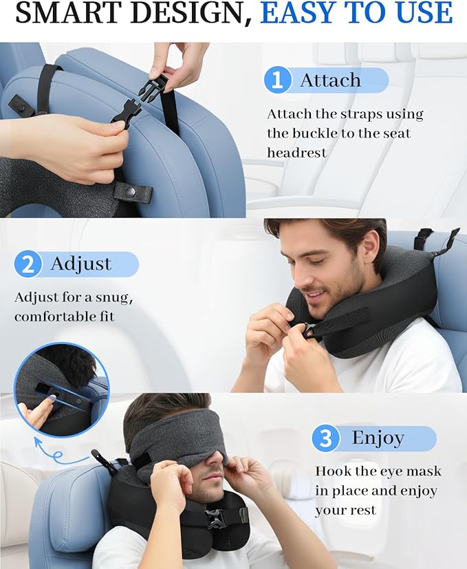 Travel Pillow for Long Flight Airplanes, Head Strap with Soft Eye Mask for Sleep, Memory Foam Travel Neck Pillow for Car Trip Essential, 360° Headrest Support to Stop Bobblehead, EVA Travel Case, Grey