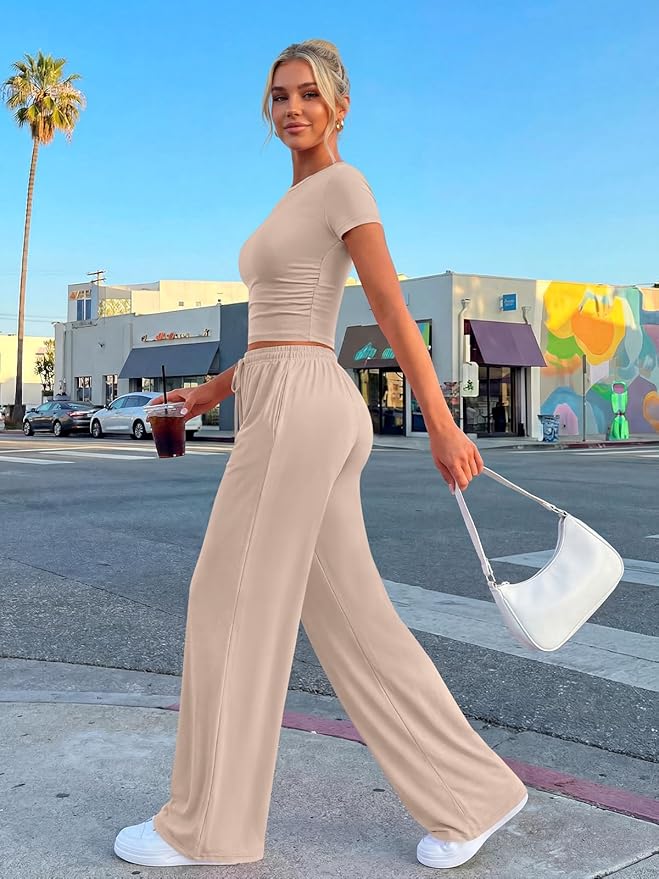Trendy Queen 2 Piece Matching Summer Lounge Set Womens Side Ruching Top Wide Leg Pants Sets with Pockets