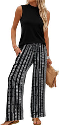WIHOLL Two Piece Set for Women Summer Spring Outfits Cruise Travel Airport Beach Vacation Mock Neck Wide Leg Pants Set