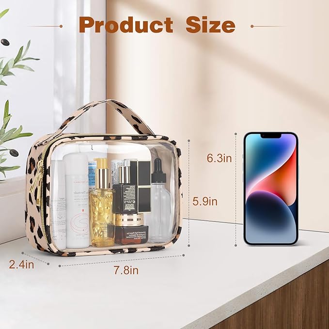 Wedama TSA Approved Toiletry Bag, 3 Pack Clear Makeup Bags with Handles, Quart Size PVC Clear Cosmetic Bags for Women and Men, Carry on Airport Airline Compliant Bag, Leopard Print