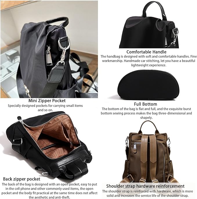 SIRDIKA Women Oxford Cloth Backpack - Anti-Theft Multi-Purpose Large Capacity Oxford Cloth Lightweight Shoulder Bag 3-Way Waterproof Crossbody Bag (Black)