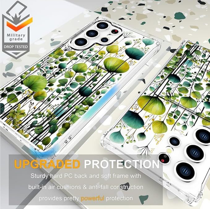 Compatible with Samsung Galaxy S24 Ultra Case Card Holder for Women Cute Design,Wallet Phone Cases Transparent Cool Kawaii Protective (Clear Green Flower Leaves Buds)