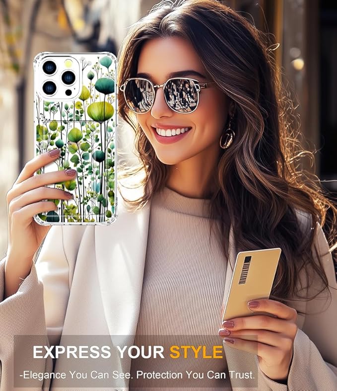 Compatible with iPhone 16 Pro Case Card Holder for Women Cute Design,Wallet Phone Cases Transparent Cool Kawaii Protective (Clear Green Flower Leaves Buds)