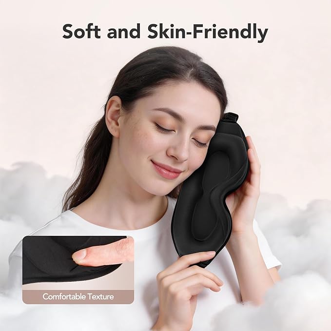 Sleep Mask for Side Sleepers, 3D Deep Contoured Blackout Eye Mask for Sleeping, Zero Pressure Lash-Friendly, Adjustable Light Blocking Travel Mask for Men & Women, Black