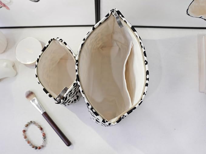 HAPPYHEIDI Leopard Print Makeup Bag with Pocket Large Cosmetic Toiletry Travel Pouch, Creamy White Cheetah, Lined, Zipper Closure, 8.5 × 2 x 6.5 inches