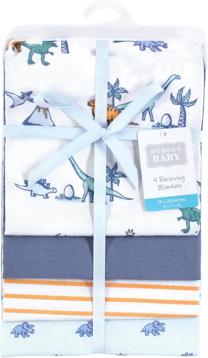 Hudson Baby Unisex Baby Cotton Rich Flannel Receiving Blankets 4-Pack, Pastel Dino, One Size